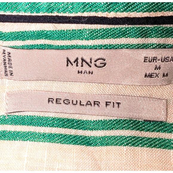 Men's Mango MNG Man 100% Linen Striped Long Sleeve Button Up Shirt Green White M - Picture 3 of 4